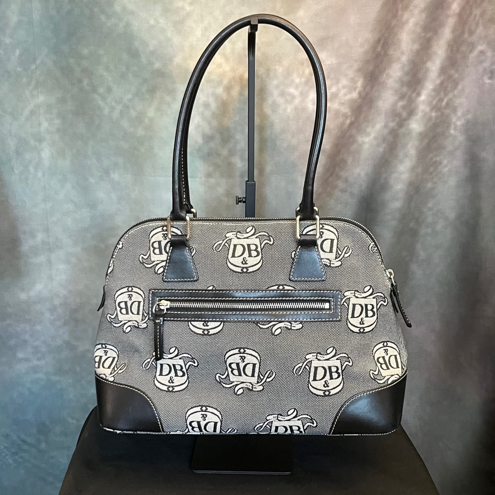 Dooney & Bourke Donegal Crest Dome Satchel Monogram Grey Black Leather Trim - Picture 2 of 16
